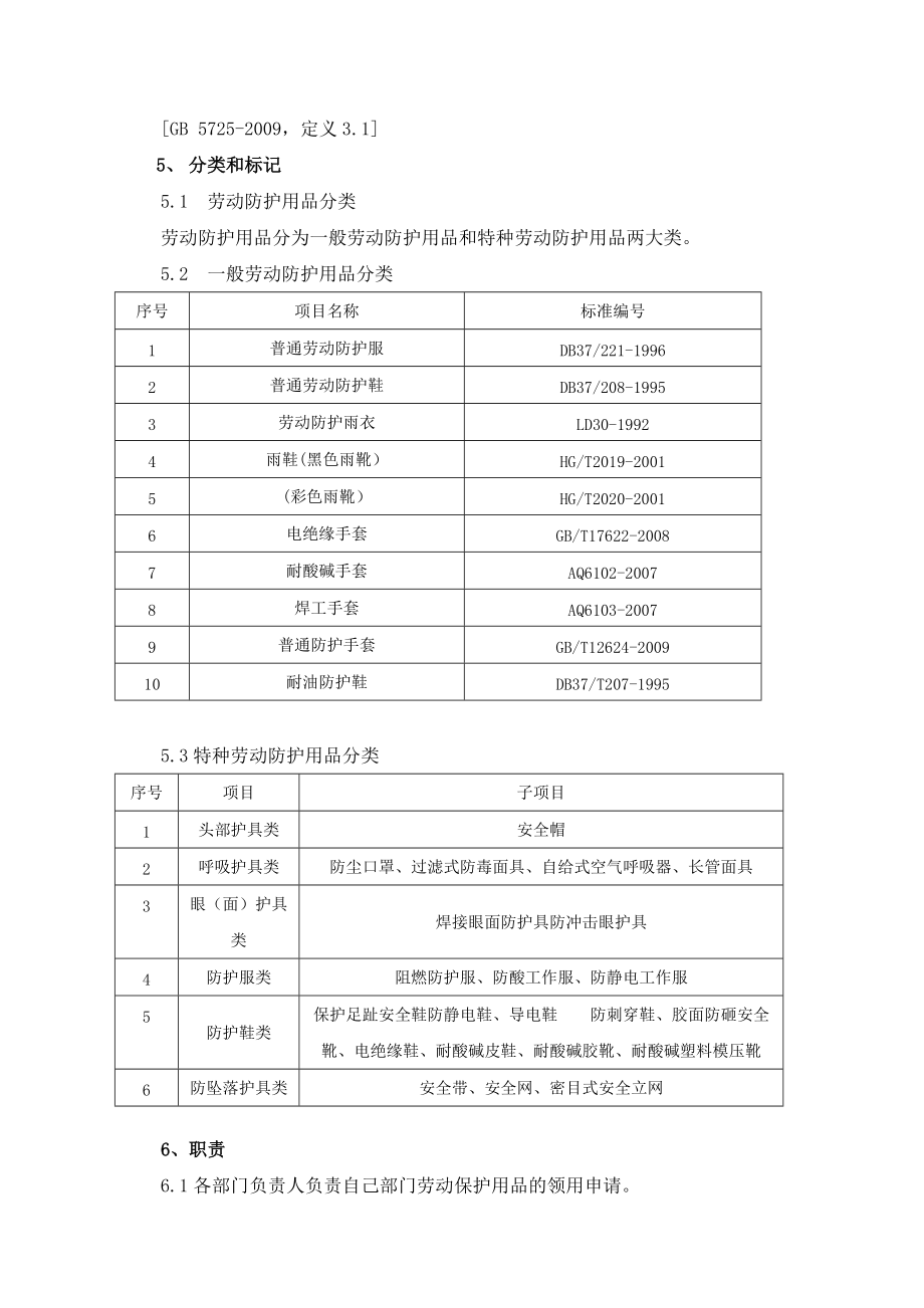 某公司劳动保护用品管理配备标准
